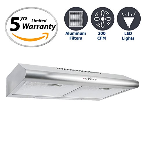 Cosmo 30 in. 200 CFM Ducted Under Cabinet Stainless Steel Range Hood with Push Button Control Panel, Kitchen Vent Hood Exhaust Fan with Aluminum Filters and LED Lighting